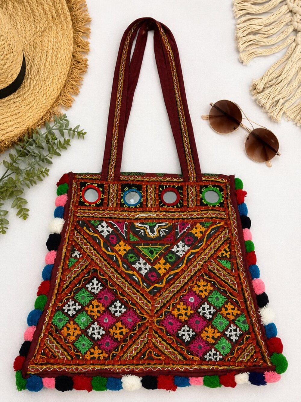 Vintage Handmade Embroidered Pom Pom Tote Bag Boho Tribal Mirror Shoulder Bag